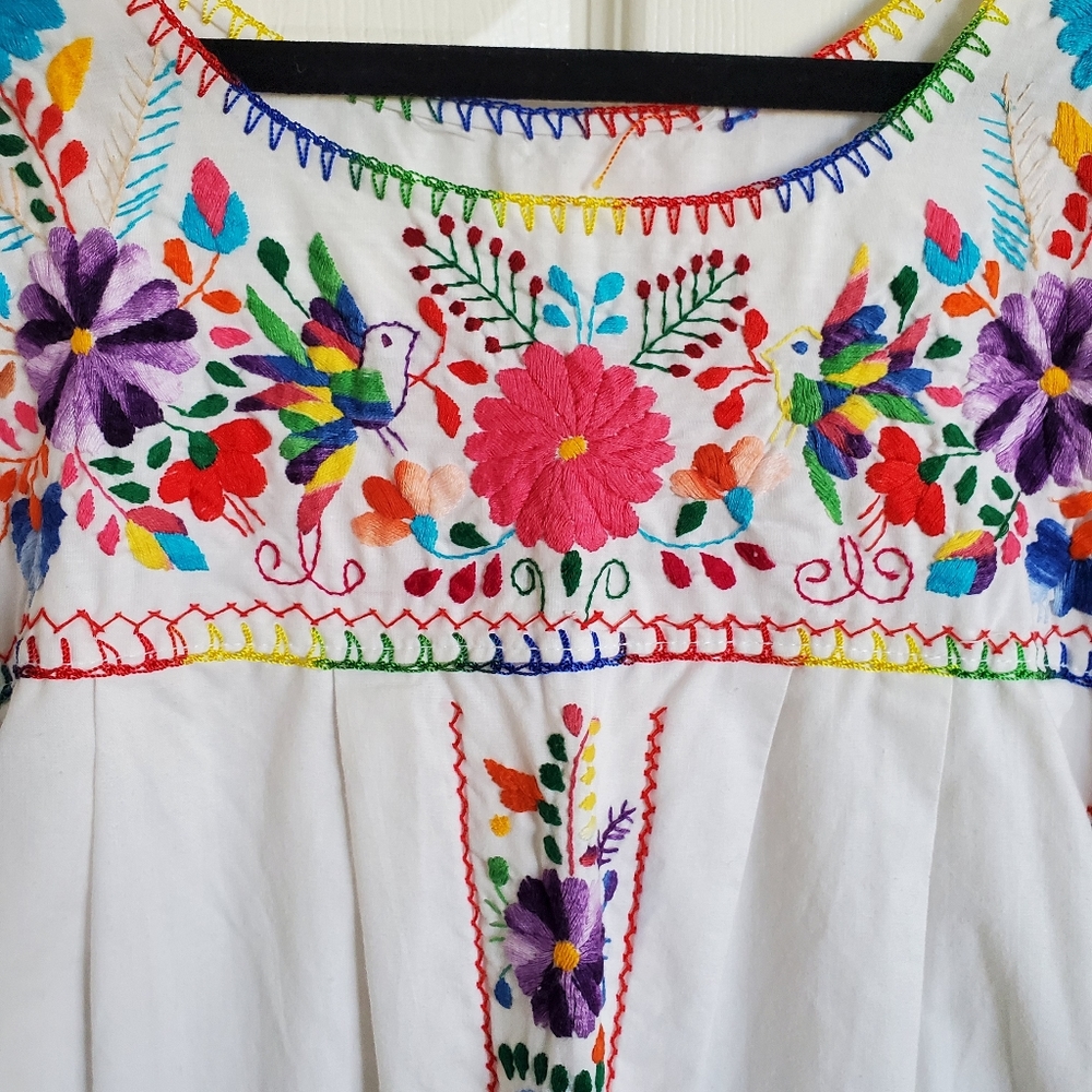 Vintage Mexican Colorful Rainbow Flower Embroider White Cotton Maxi House Dress - Picture 15 of 16